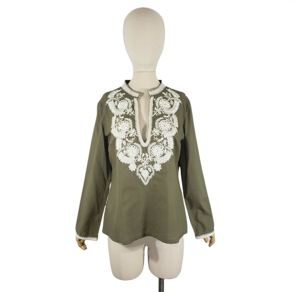 SHARON GILL Split Neck Embroidered Blouse